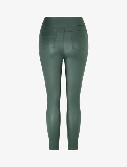 Pantalon uni en simili à 2 boutons - Vert sapin - 2