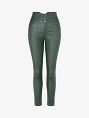 Pantalon uni en simili à 3 boutons - Vert sapin - 5
