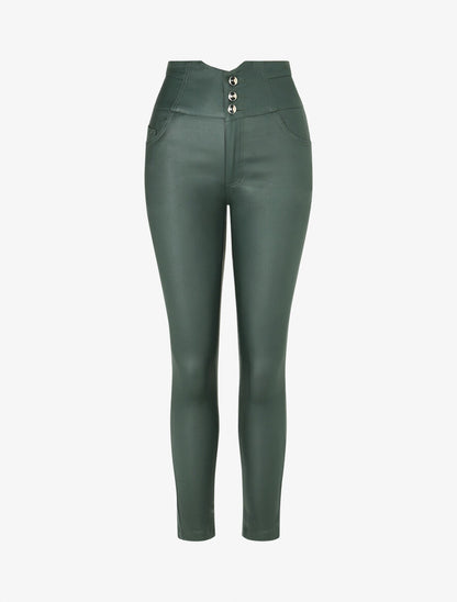 Pantalon uni en simili à 3 boutons - Vert sapin - 5