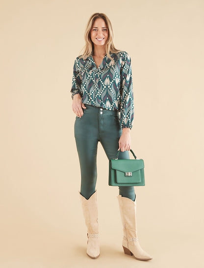 Pantalon uni en simili à 3 boutons - Vert sapin - 4