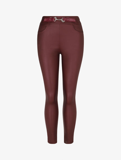 Pantalon uni en simili à détail bijou - Lie de vin - 1