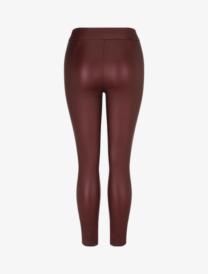 Pantalon uni en simili à détail bijou - Lie de vin - 2