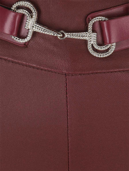 Pantalon uni en simili à détail bijou - Lie de vin - 3