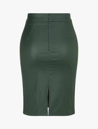 Jupe droite fendue en simili - Vert sapin - 2