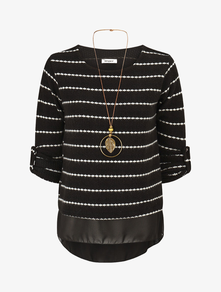 Pull superposé à rayures et manches retroussables - Noir - 1
