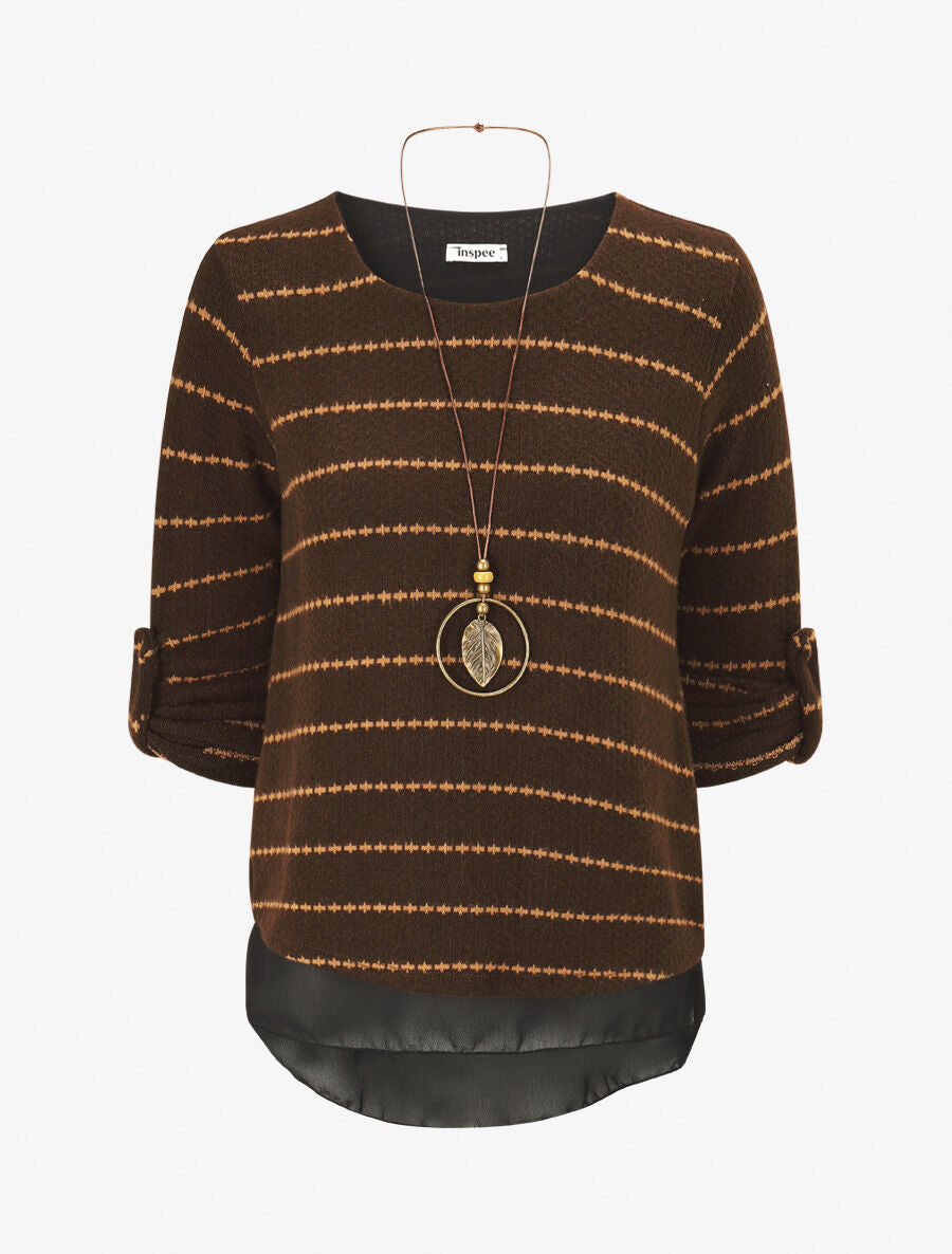 Pull superposé à rayures et manches retroussables - Marron - 4