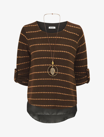 Pull superposé à rayures et manches retroussables - Marron - 4