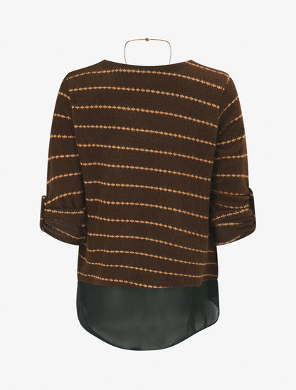 Pull superposé à rayures et manches retroussables - Marron - 2