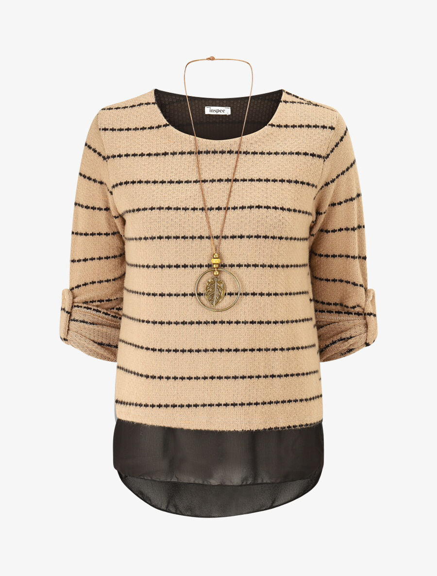 Pull superposé à rayures et manches retroussables - Beige - 5