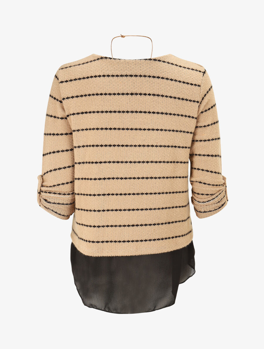 Pull superposé à rayures et manches retroussables - Beige - 2