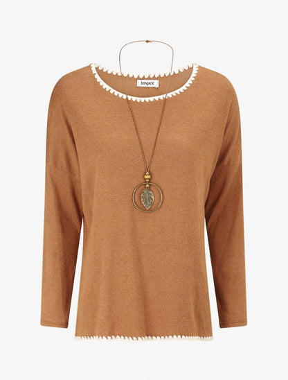 Pull fin uni à bords brodés - Camel - 1