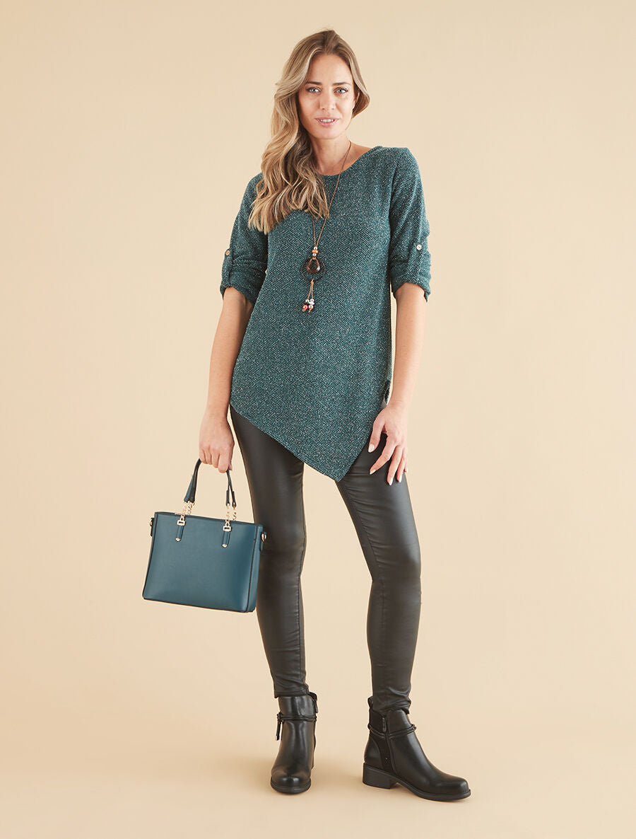 Pull long asymétrique et lamé - Vert sapin - 4