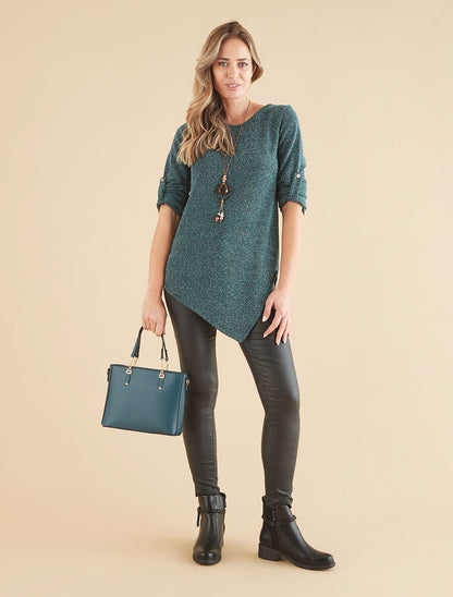 Pull long asymétrique et lamé - Vert sapin - 4