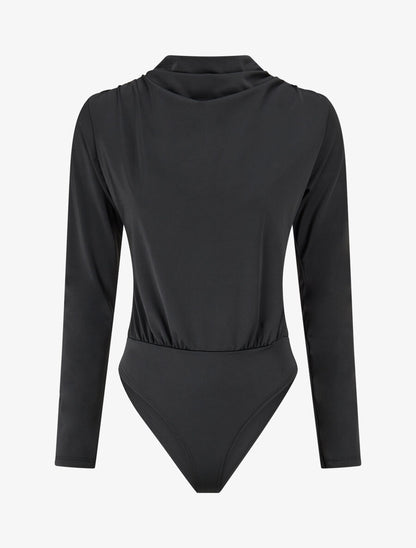 Body satiné col montant drapé - Noir - 1