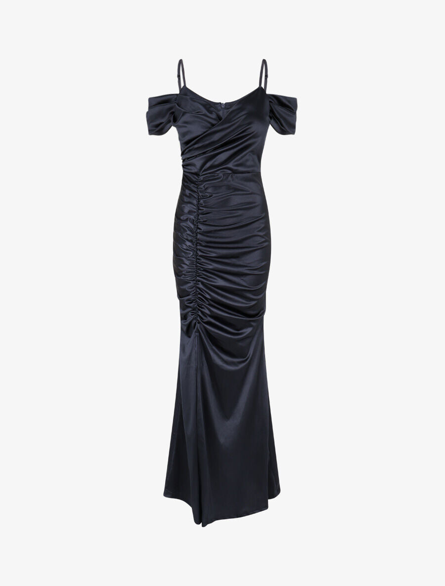 Robe longue fendue à épaules dénudées - Marine - 1