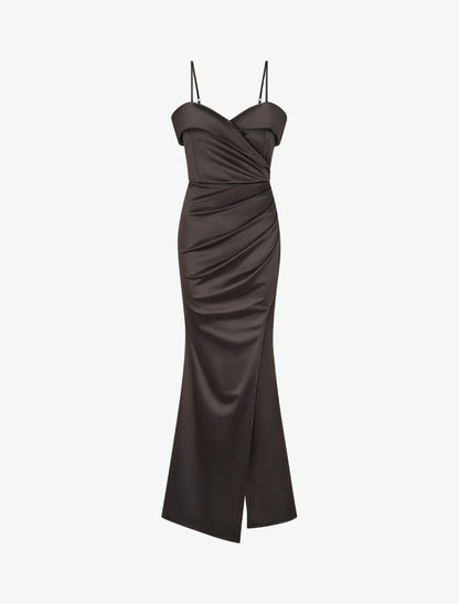 Robe longue fendue à col V - Noir - 1