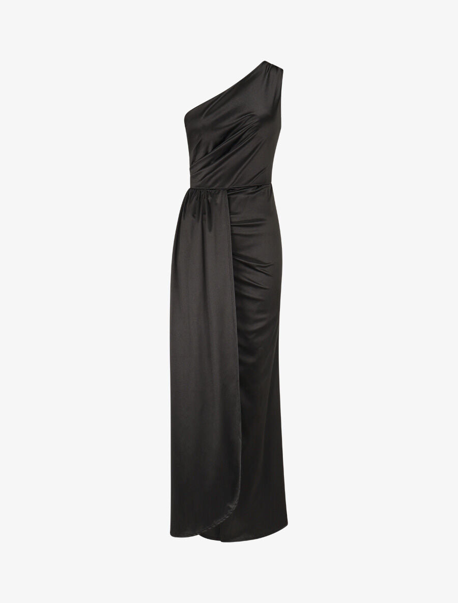 Robe longue unie fendue à une manche - Noir - 1