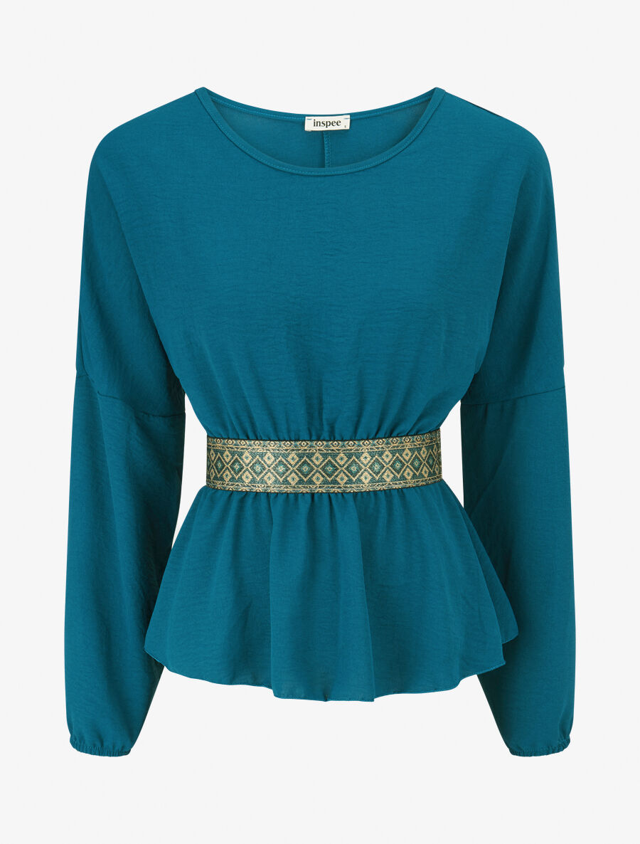 Blouse élastiquée à bande irisée - Bleu canard - 1