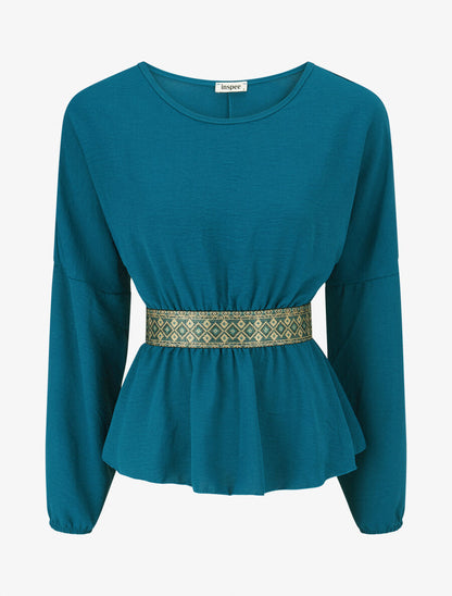 Blouse élastiquée à bande irisée - Bleu canard - 1