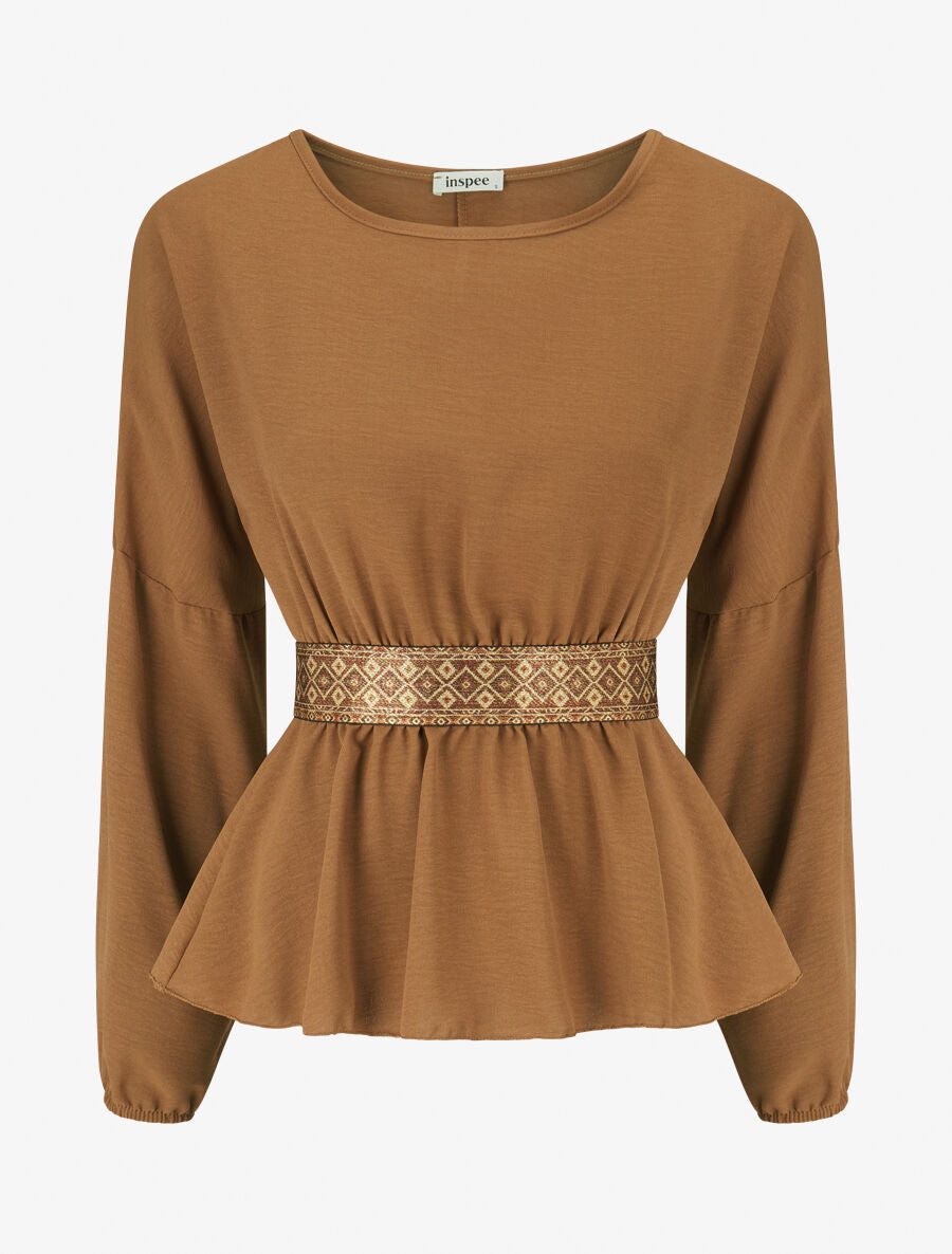 Blouse élastiquée à bande irisée - Camel - 4