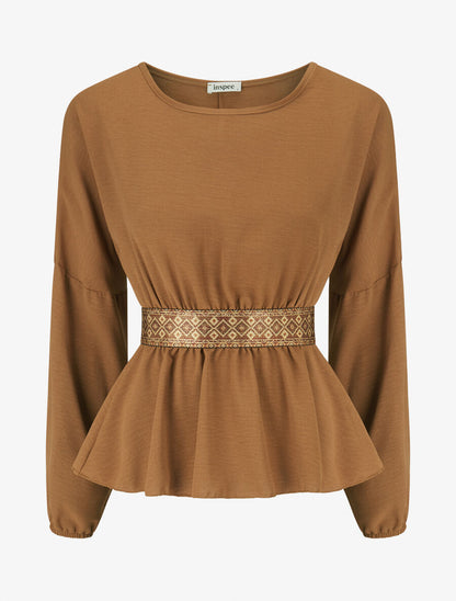 Blouse élastiquée à bande irisée - Camel - 4