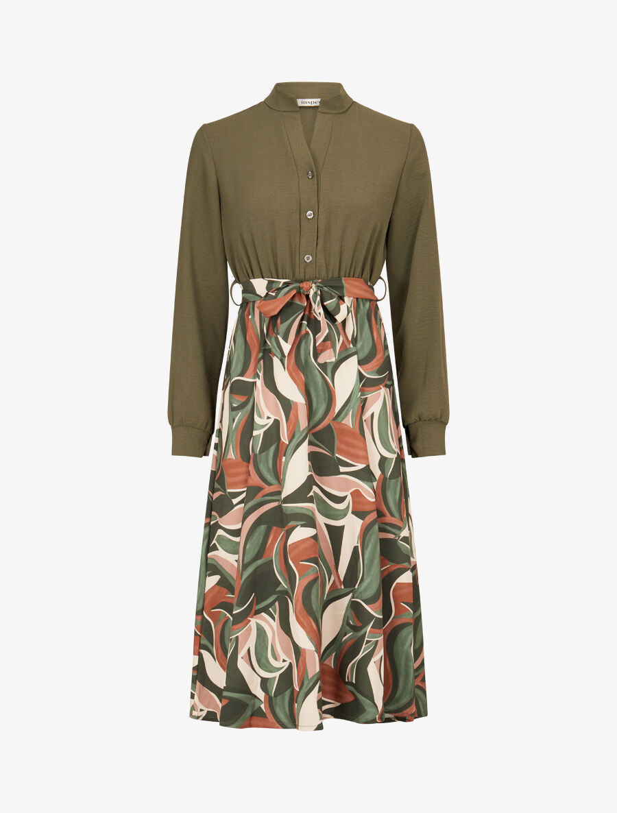 Robe imprimée à buste chemise - Kaki - 1