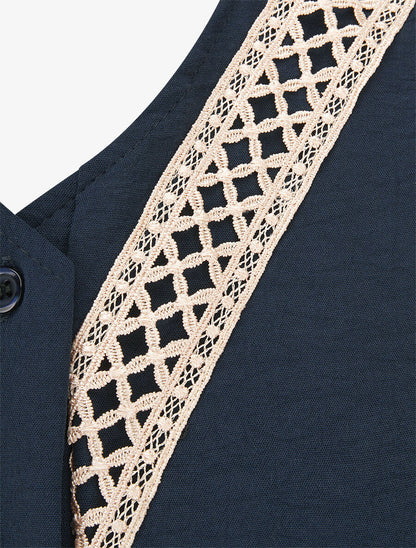 Chemise unie à col brodé - Marine - 3