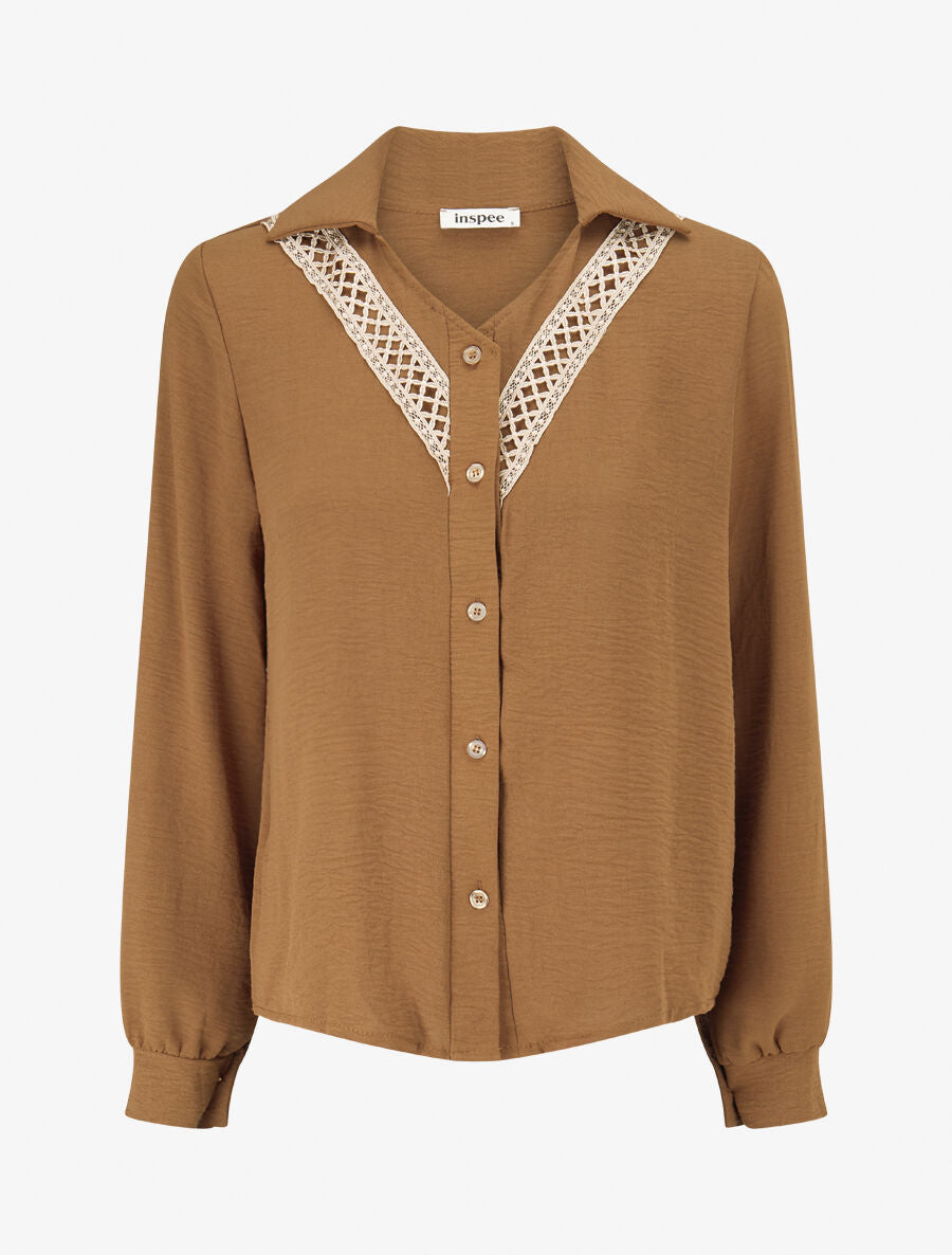 Chemise unie à col brodé - Camel - 1