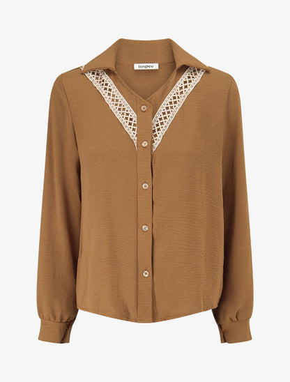 Chemise unie à col brodé - Camel - 1
