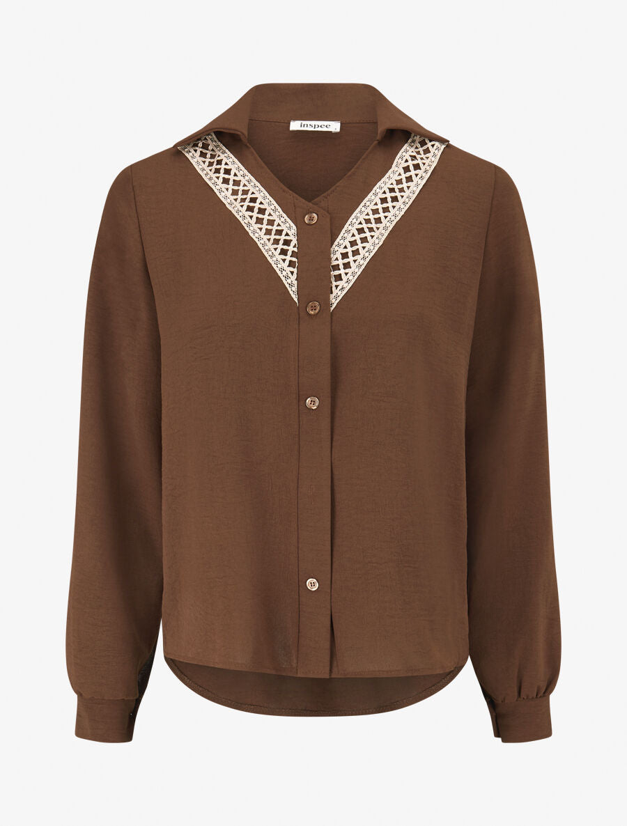 Chemise unie à col brodé - Marron - 4
