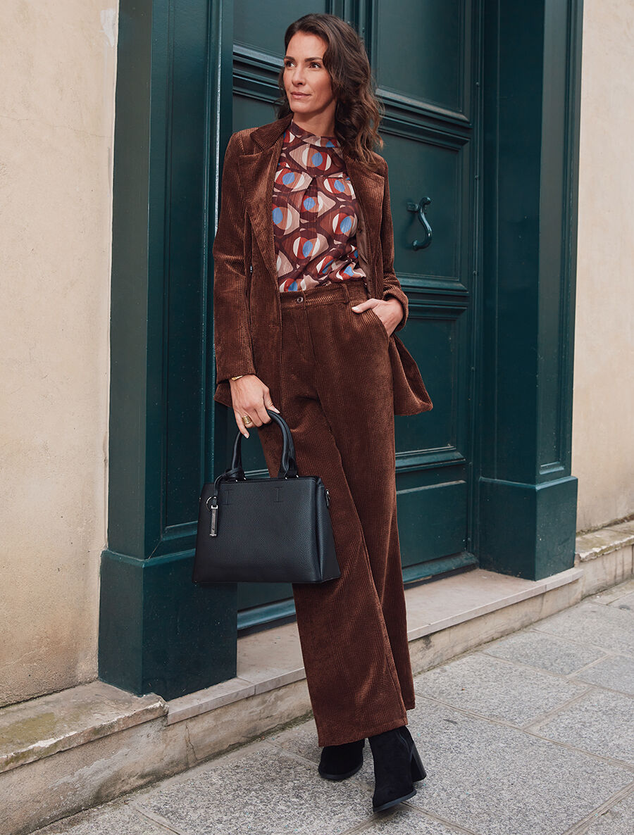 Pantalon uni en velours - Marron - 4