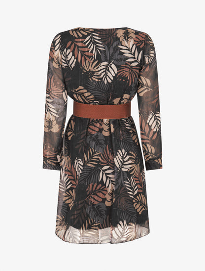 Robe légère en voile lamé imprimé feuilles tropicales - Noir - 2