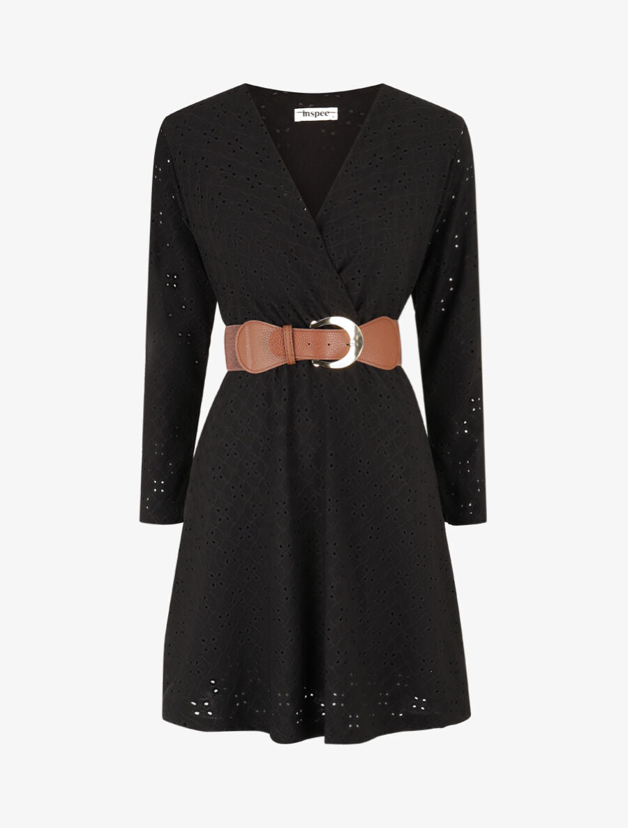 Robe unie élastiquée et ajourée - Noir - 5