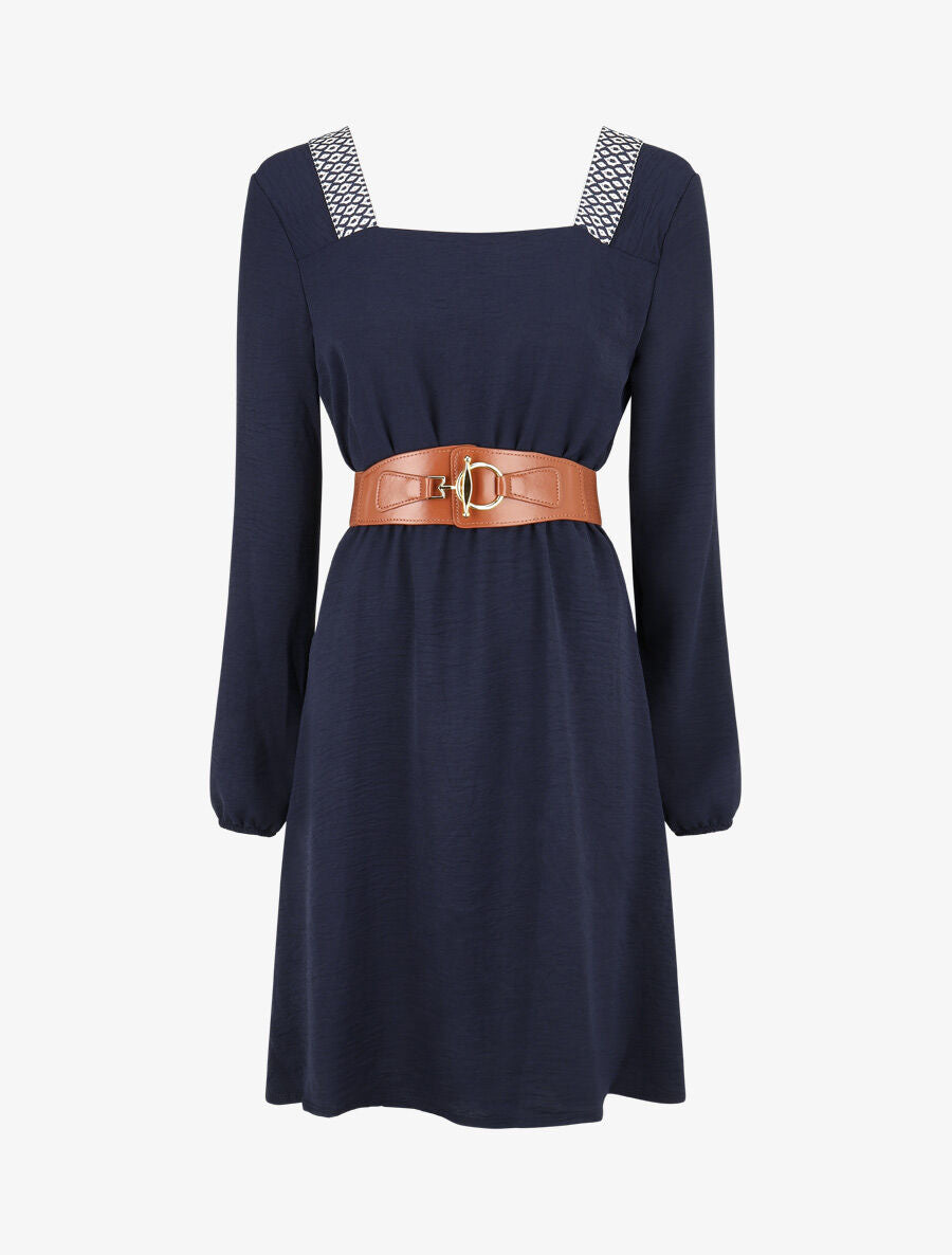 Robe fluide à col carré stylisé - Marine - 5