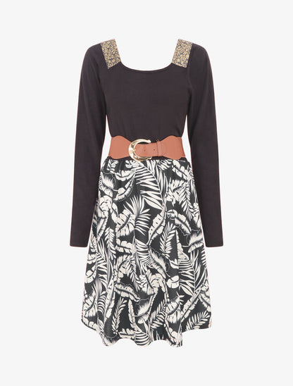 Robe bimatière à col à bandes élastiquées stylisées - Noir - 4