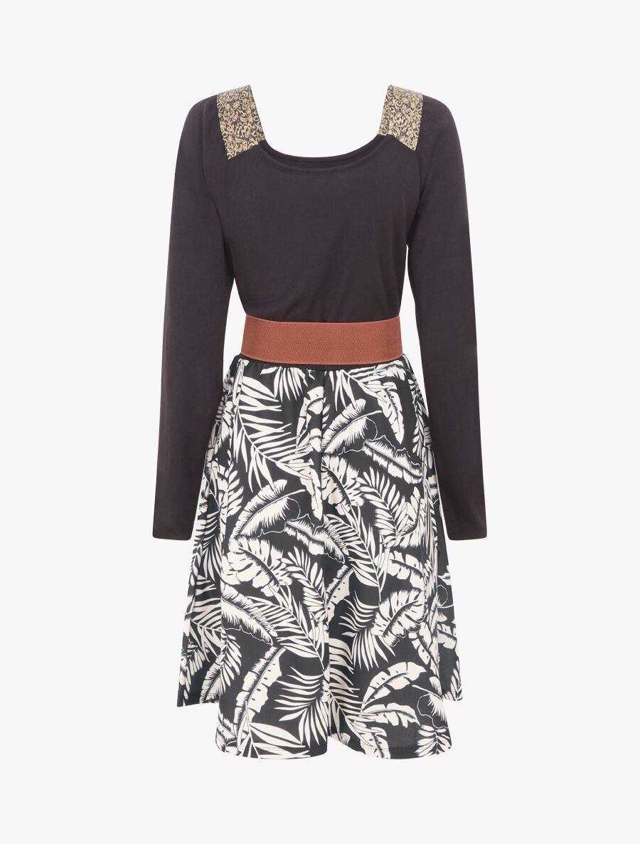 Robe bimatière à col à bandes élastiquées stylisées - Noir - 2