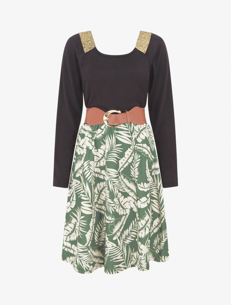 Robe bimatière à col à bandes élastiquées stylisées - Kaki - 1