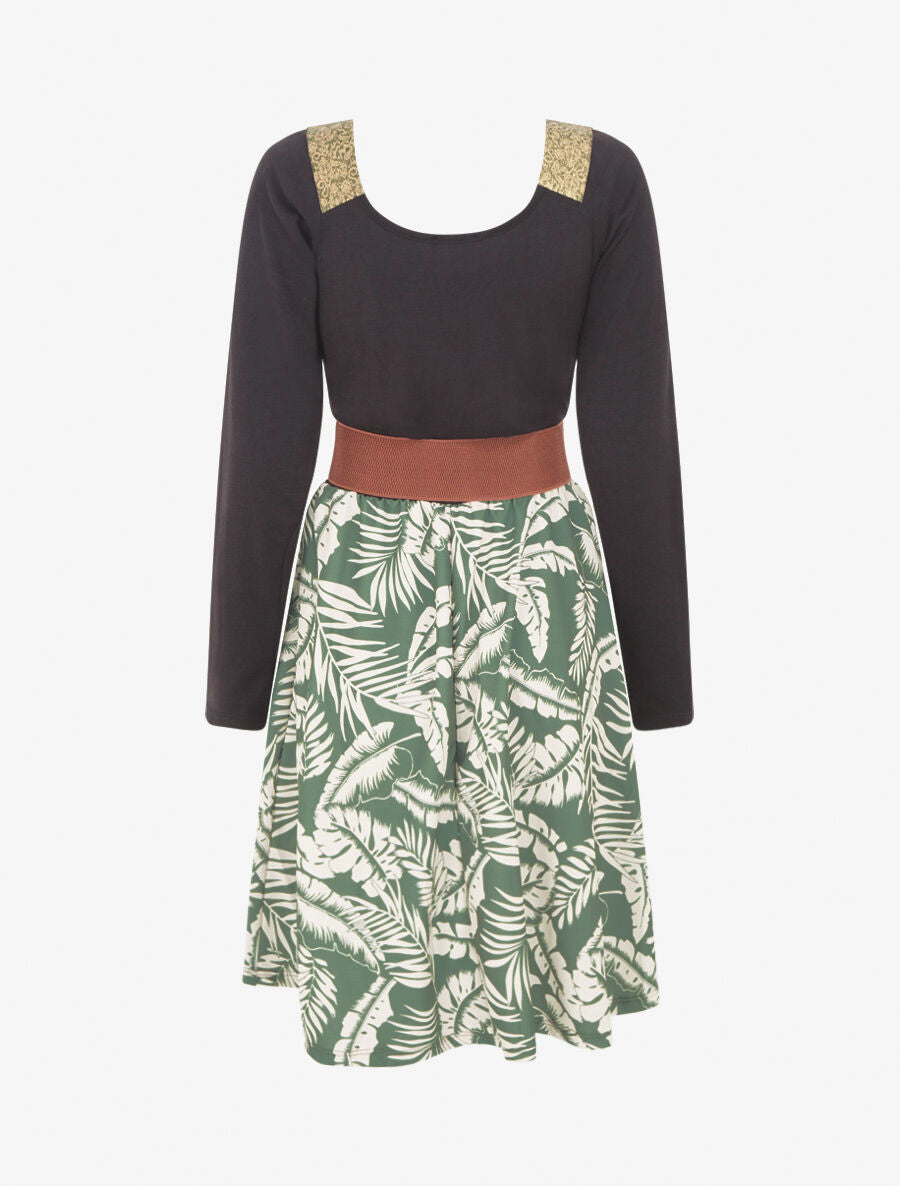 Robe bimatière à col à bandes élastiquées stylisées - Kaki - 2