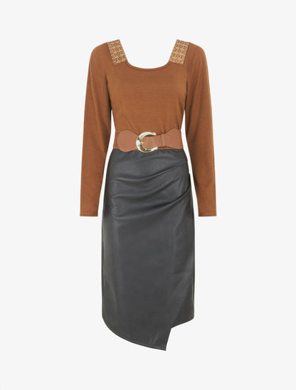 Robe bimatière effet portefeuille à col stylisé - Camel - 5
