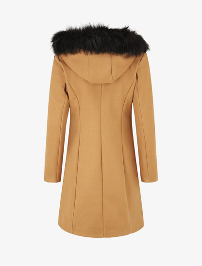 Manteau long à capuche et fourrure synthétique - Camel - 2