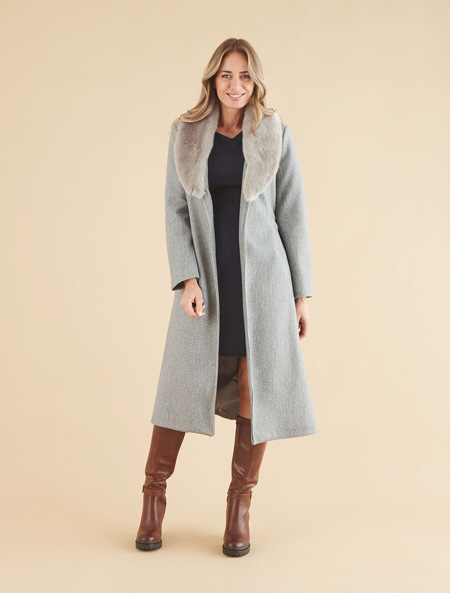 Manteau long à col en fourrure synthétique - Gris - 5