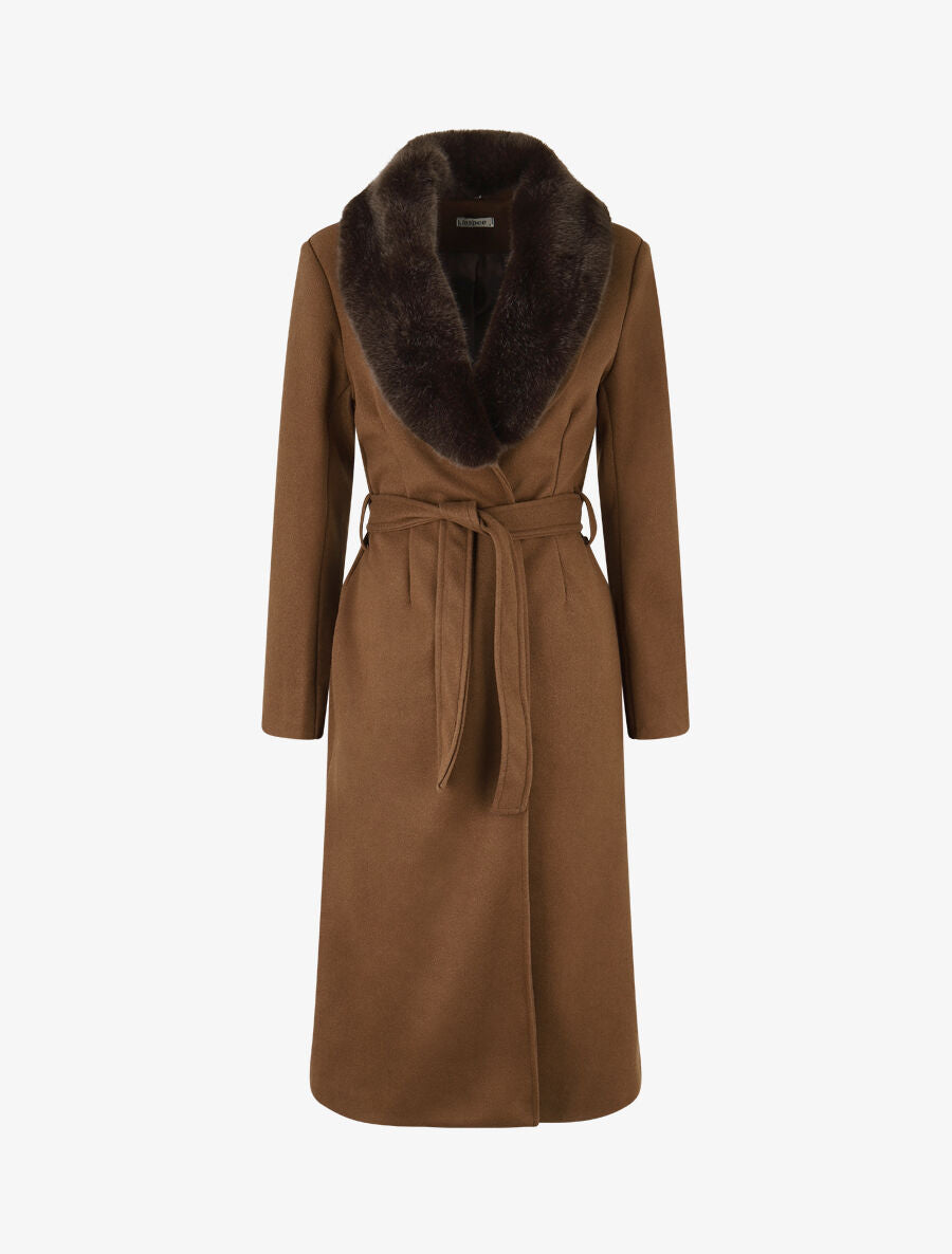 Manteau long à col en fourrure synthétique - Marron - 1