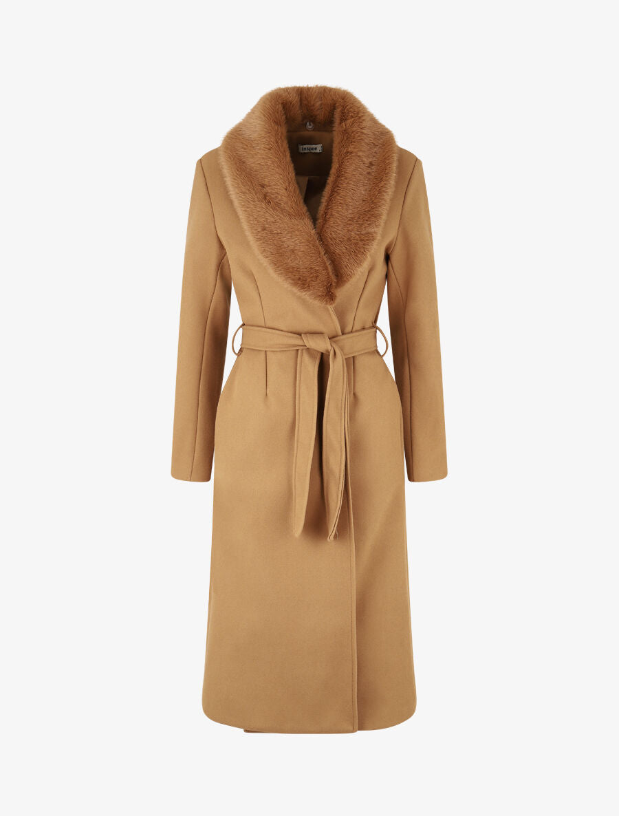 Manteau long à col en fourrure synthétique - Camel - 1