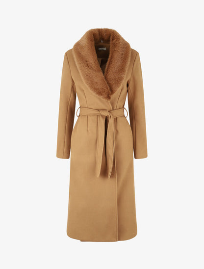 Manteau long à col en fourrure synthétique - Camel - 1
