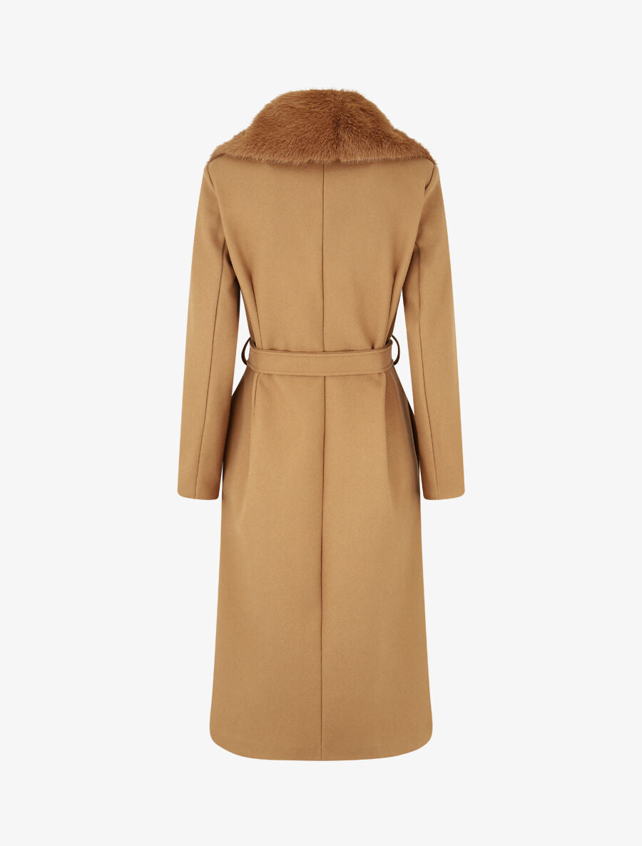 Manteau long à col en fourrure synthétique - Camel - 2