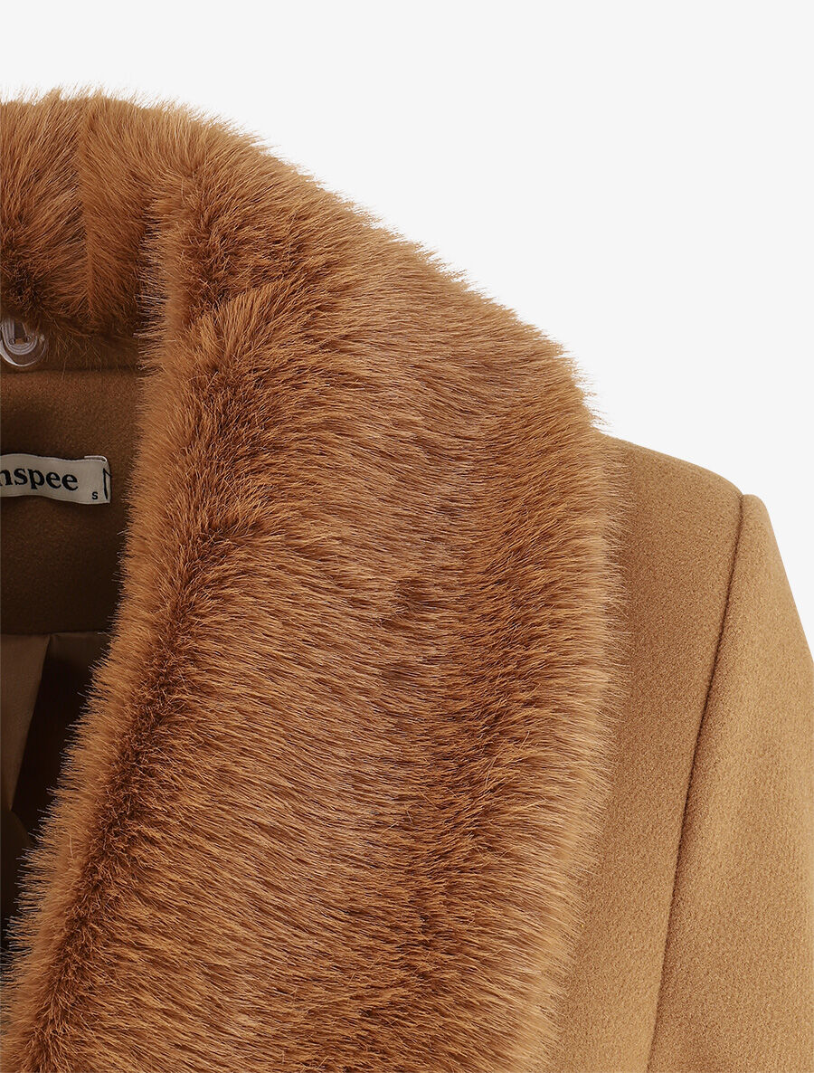 Manteau long à col en fourrure synthétique - Camel - 3