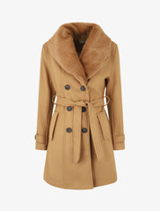 Manteau uni à col en fourrure synthétique - Camel - 6