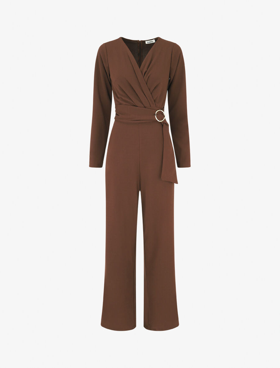 Combinaison ceinturée à col cache-coeur - Marron - 1
