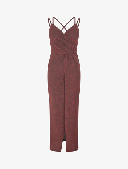 Robe longue irisée à bretelles croisées - Rouge - 4