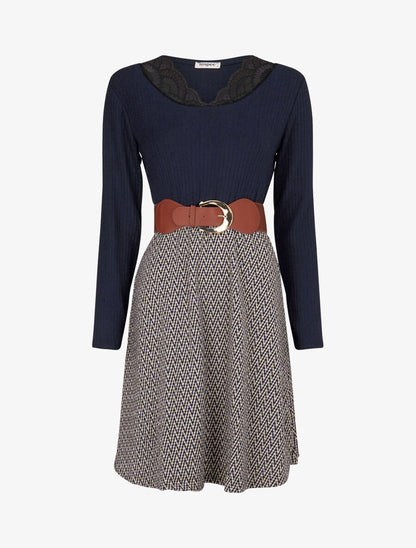 Robe patineuse à jupe irisée et imprimé zig-zag - Marine - 1